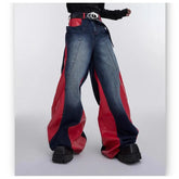 Threebooy Y2k Retro Washed Splicing Jeans for Men New Hip Hop Punk PU Leather Baggy Jeans Straight Casual Black Denim Trousers Streetwear